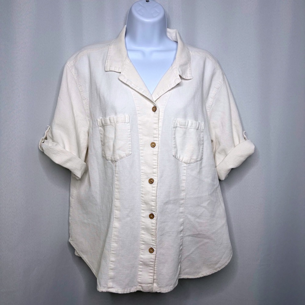 Sea Breeze of California Cream Waffle Knit Cotton Roll Tab Button Down Shirt S